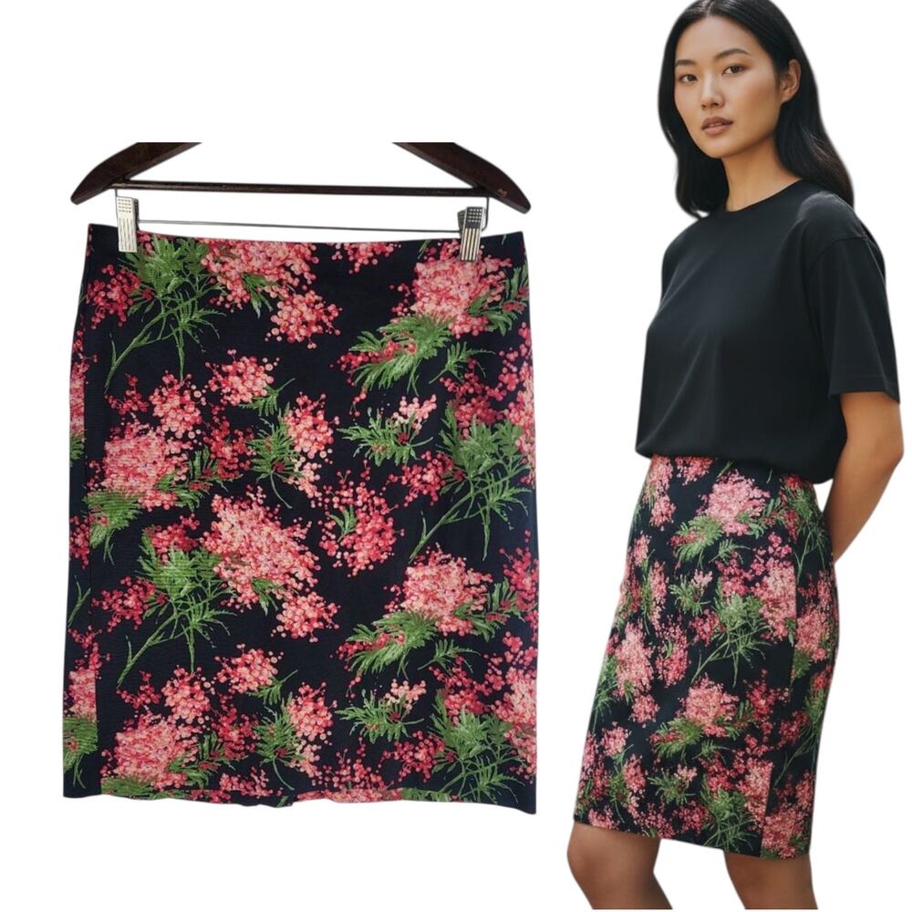 Talbots Black Floral Pencil Skirt Back Zip Petite Black Size 12P
